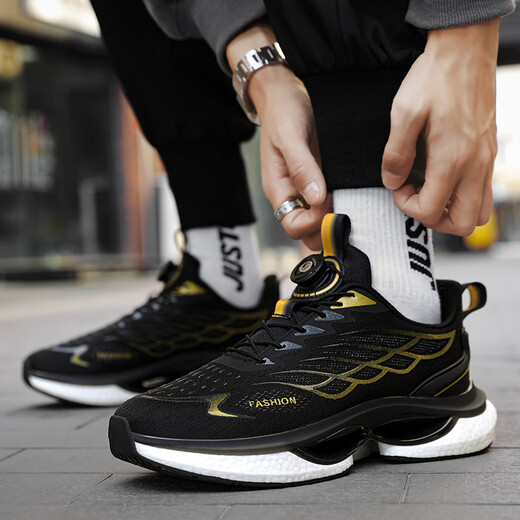 2025 new sports shoes men's autumn and winter shoes rotating button running shoes ultra light shock-absorbing and breathable shoes men 9888-Black Gold [upgraded version] 43