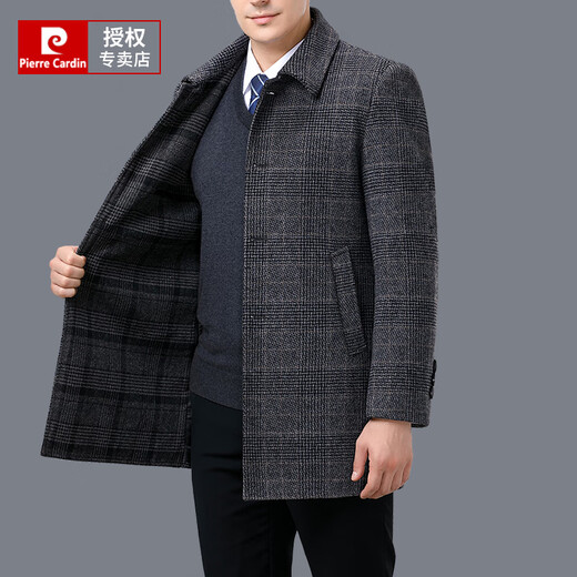 Pierre Cardin cold-proof and warm double-sided wool coat for men, medium-length down lining, middle-aged woolen woolen coat, winter plaid, gray L 175/92A