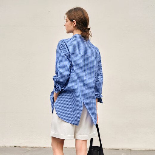 Olrain plaid shirt spring women's loose commuting lazy style MIU shirt tops blue plaid M