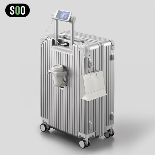 Soo Koffer Multifunktionaler Gepäcktrolley-Fall Student großer Kapazitäts-Reise-Code-Koffer-Tassenhalter Silber 26 Zoll