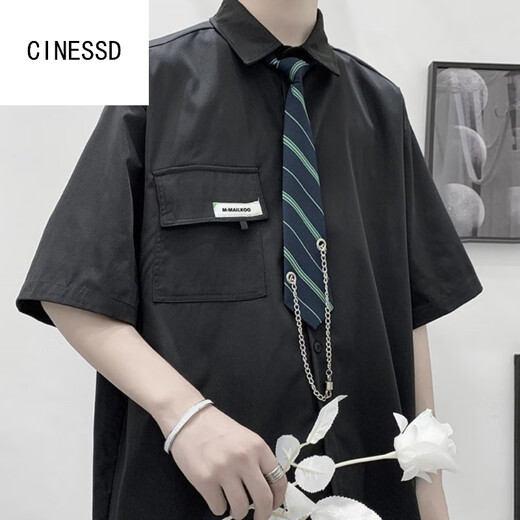 CINESSD【套装】学院风DK制服白衬衫男短袖痞帅宽松休闲日系衬衣班服一套 【三件装】白色衬衫+领带+西裤 M