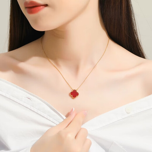 Fat Donglai same style 18K gold four-leaf clover pendant necklace for women AU750 rose gold clavicle chain red gold Valentine's Day yellow gold red agate necklace with + certificate