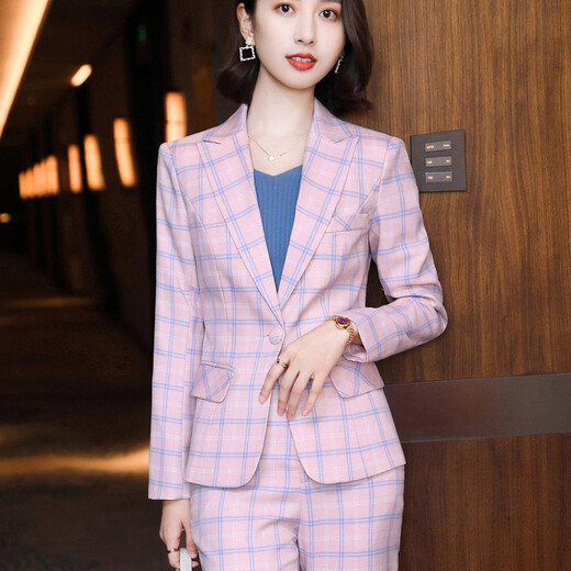 Zi Mei Qiao professional wear women's spring, autumn and winter long-sleeved plaid small suit, fashionable and casual one-button slimming and elegant suit, pink plaid (suit + pants) L (recommended 100-110 Jin Jin equals 0.5 kg)
