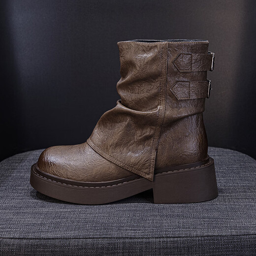 Jin Riman Martin Boots Frauen Kurzstiefel Frauen Frühling und Herbst Retro Western Cowboy Boots Frauen Lange Bootsgürtel Schnalle Hülle Ritterstiefel M2656 Brown 37