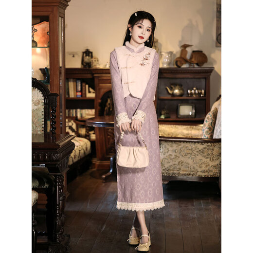 Du Yanzhi purple cheongsam new autumn and winter thickened velvet new Chinese style vest suit beautiful improved young style vest + skirt L (165) 100-110Jin Jin equals 0.5 kg