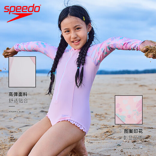 Speedo Hualala series children's printed long-sleeved sunscreen soft one-piece swimsuit for girls beach surfing swimwear 24 new products pink all-inclusive design, effective sun protection 120-130cm 7-8 years old