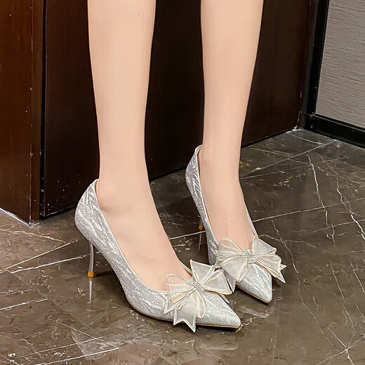 Zhr Tacones altos Hembra Elegante Stiletto Stiletto Zapatos para mujeres zapatos de boda de cristal Sandalias solteras Sandalias Y716 Plata 37