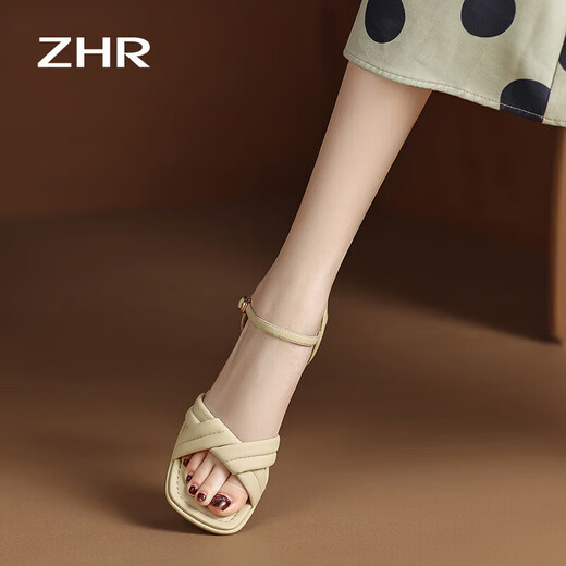 
ZHR Sandals for women in summer elegant one-length strap thick heels for women gentle solid color high heels for women Y683 light yellow 38