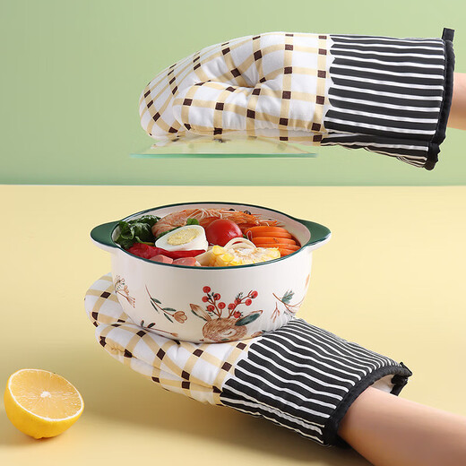 Baijie anti-scalding gloves kitchen insulation gloves oven microwave oven high temperature resistant thickened cotton silicone baking gloves thickened cotton baking gloves two packs