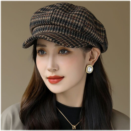 Changyin Fashion Hat Women's Versatile Winter Octagonal Hat Women's Round Face Spring and Autumn Warm Trend Korean Style Internet Celebrity British Houndstooth Black