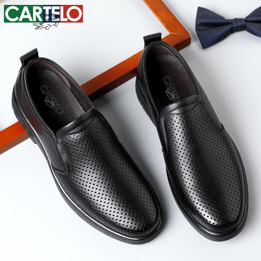 CARTELO British business casual leather shoes soft sole soft surface breathable loafers one-foot leather shoes men's 9921 black hollow 44