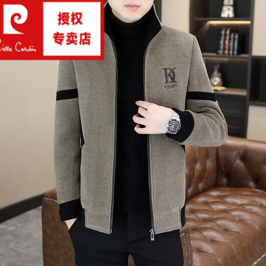 Pierre Cardin autumn and winter woolen coat men's short woolen coat gold mink velvet men's casual velvet thickened jacket 5522 Khaki thickened velvet XL 125-140Jin Jin equals 0.5 kg