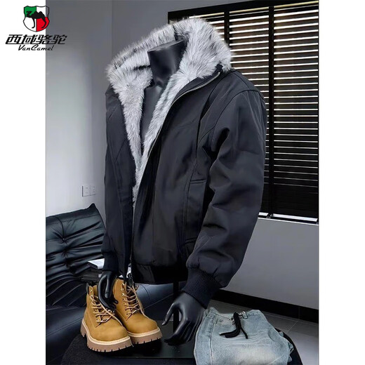 Western Camel (VANCAMEL) high-end American retro jacket cotton coat men's winter warm mountain-carved cotton coat cleanfit fur collar coat black thickened XL 135-150Jin Jin equals 0.5 kg