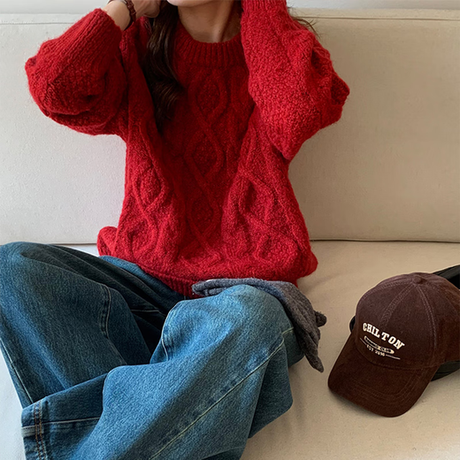 Ono Seven Days New Year and Christmas Red Sweater Women's Autumn and Winter Outerwear Loose Retro Twist Round Neck Short Lazy Pullover Sweater Red One Size