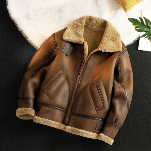 Manxinan fur one-piece plus velvet leather jacket for men in autumn and winter, lapel sherpa cotton coat, men's thickened motorcycle leather jacket, retro brown XL collection store, fast delivery