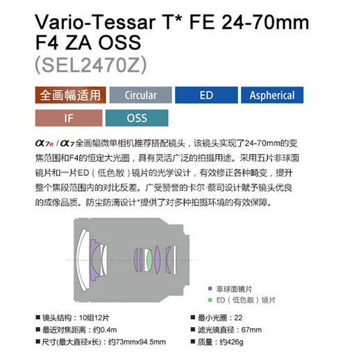 Sony (SONY) full-frame camera small three-dimensional zoom lens FE 24-70mmF4 ZA+ original UV lens