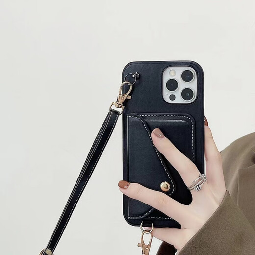 Suitable for iPhone13 three-dimensional coin purse mobile phone case iPhone14Promax card crossbody rope protective leather case black iPhone7/8