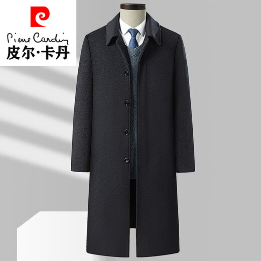 皮尔卡丹（pierre cardin）秋冬季仿羊毛呢大衣长款过膝盖中年男装呢子大衣外套爸爸装风衣男 黑青超长款 L 175