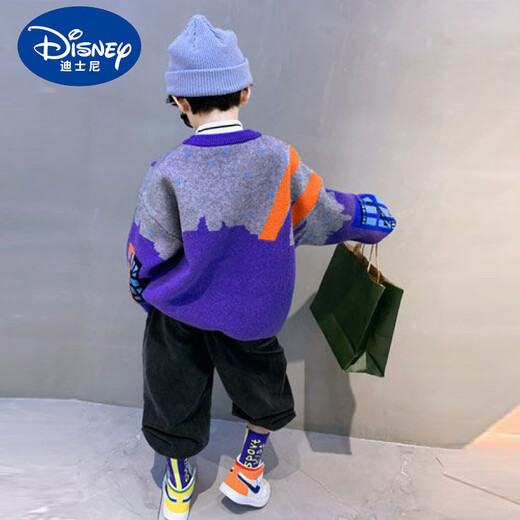 迪士尼（Disney）儿童毛衣套头秋冬男童2024新款中大童韩版潮洋气针织衫男宝宝上衣 紫色 加绒加厚 120码建议身高110-120cm5-6岁