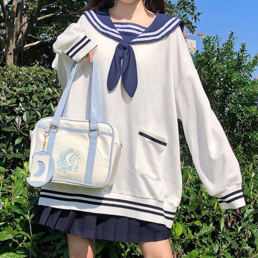 蓝骏启日系可爱兔耳朵圆领风宽松卫衣女蝴蝶结长袖秋装套头上衣学生 白色 757（薄款） M （建议60~80）
