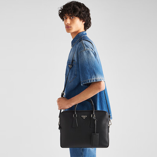 PRADA/Prada gift men's detachable shoulder strap Saffiano leather briefcase black