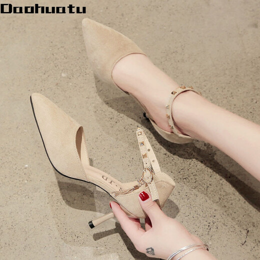 Daohuatu Large Size Baotou Sandals Women's Thick Heels 41-43 Fairy Style High Heels Pointed Toe Versatile Suede One-Buckle Women's Single Shoes Black Thick Heels Upgraded to Standard Size 34