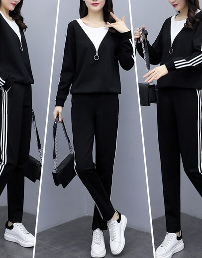 Pinhuifei Traje de verano para mujeres de gran tamaño Swearswear Sportswear ligeramente gordo MM adelgazante y escondite que cubre el vientre Traje de madre suelto de dos piezas 693 Negro [estilo de primavera y otoño] 4xl Jianyi regular 160-180Jin [Jin equivale a 0.5 kg]
