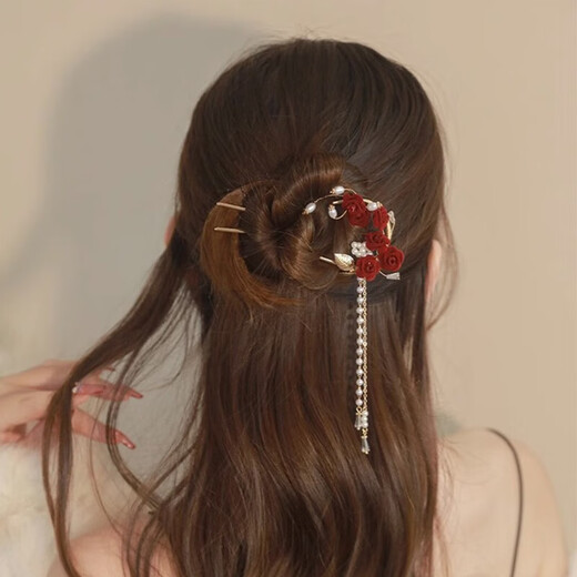 Half red rose tassel hairpin, high-end U-shaped hairpin for women, ancient style cheongsam, bride toasting dress, headdress, red rose tassel hairpin, gold