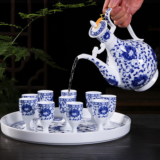 Xihe Yinyao Xihetang Jingdezhen Ceramic Wine Set Liquor Goblet Spirit Cup Blue and White Wine Pot Set Wine Cup Guiguzi Style (1 Pot, 10 Cups, 1 Tray)
