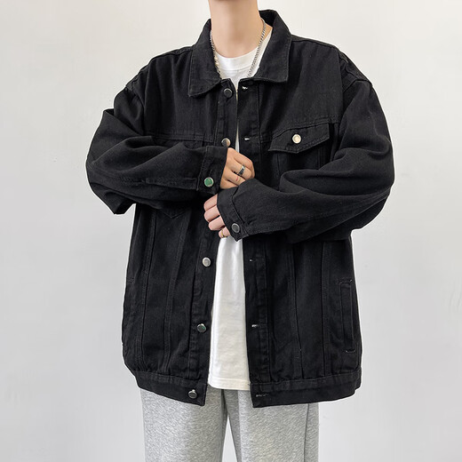 Dingfengbaoluo casual workwear denim jacket men's autumn and winter casual loose retro lapel versatile jacket HL38 black XL