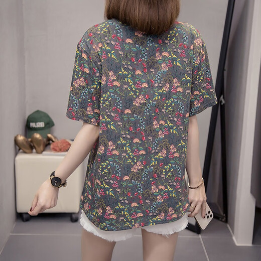 雪凡茜（XUEFANXI）2025夏天季新款花卉碎花短袖t恤女装宽松半袖体恤棉衣上衣服9731 灰色 4XL 建议175-200斤
