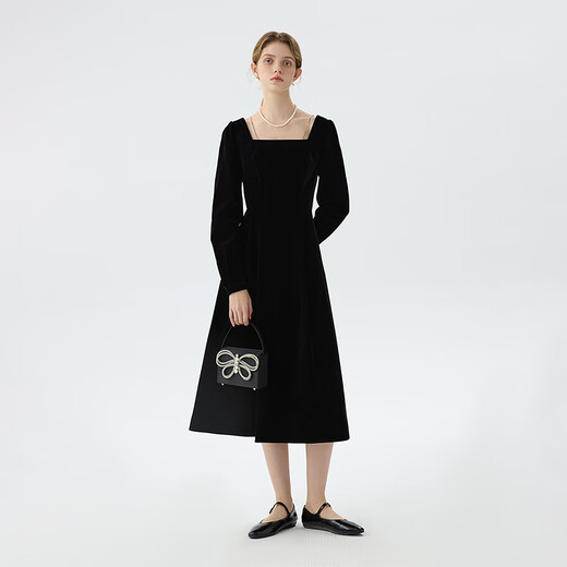 
Fan Silann velvet low square collar French black skirt for women 2024 winter new elegant annual meeting dress 14698 black L