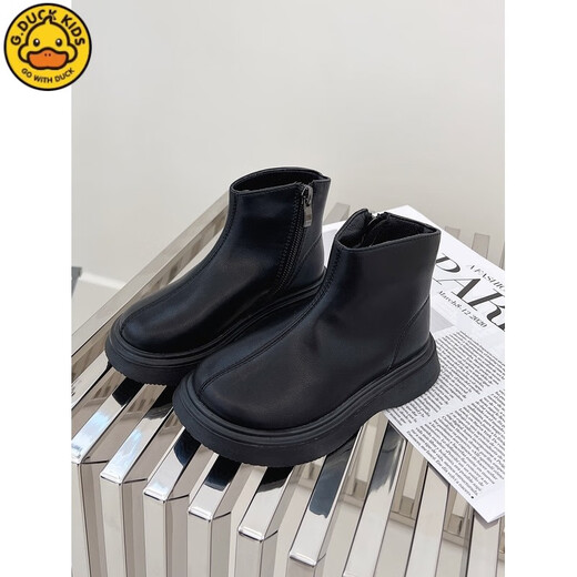 
G.DUCKKIDS girls' short boots autumn and winter 2024 new leather-town children's Martin boots British boys' leather boots plus fleece baby boots Black single [Safety one] Size 21, inner length is about 14c