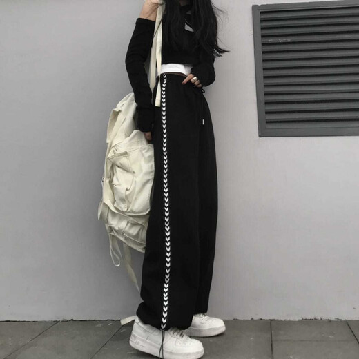 High Street Sportshosen für Frauenstudenten schwarze Binde-Big-Hose losen hohe Taille schlampig Fett M-Breitenbeine (723 Schlitzhosen) 4xl 170-200jin [Jin entspricht 0,5 kg]