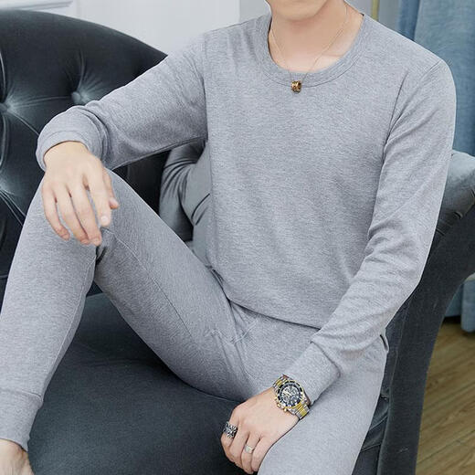 Modal Cotton Thermal Underwear Men's Thin Slim Autumn Clothes and Autumn Pants Set Middle-aged Uncle Autumn and Winter Shirts and Underpants Pure Cotton Bottoming Shirt Slim and Comfortable Solid Color Versatile Skin Friendly and Breathable Round Neck Light Gray XL