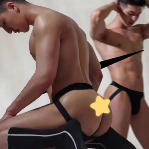 Muscular men's body-shaping thong underwear, sexy back empty buttocks exposed double thong underwear, U-shaped pouch, bulging sports underwear, black M