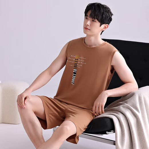 莫代尔睡衣男士夏季薄款纯棉无袖背心短裤套装夏天男款青年可外穿家居服 4867 XL