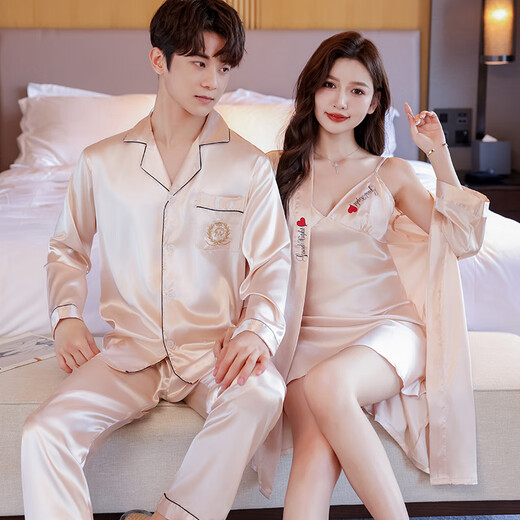 Modal high-end couple pajamas for women in spring and autumn, ice silk sexy nightgown, summer long-sleeved men's home wear set, two sets of love champagne long-sleeved M female (180) male XXL size