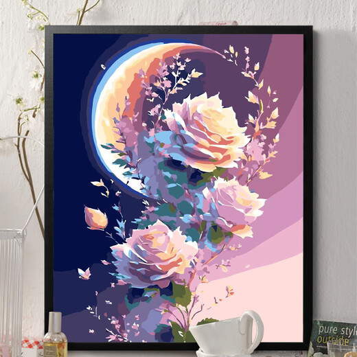 落日玫瑰数字油画diy花卉填色涂鸦手工手绘diy油彩画卧室装饰画 H1049月下郁金香 30*40实木内框+丙烯颜料+画笔