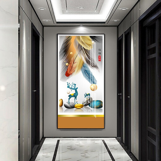 莫画泸林现代简约玄关装饰画正对门壁画走廊尽头挂画轻奢麋鹿过道入户门画 12-福禄吉祥12131 烤瓷镶钻80*160炫酷黑