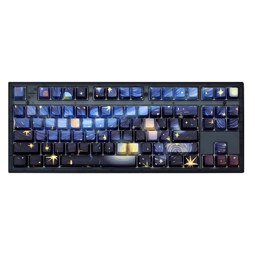 Belly Spirit mk870 Van Gogh’s starry sky side engraved wired Bluetooth wireless mechanical keyboard customized office e-sports game mute [single mode] Obsidian Starry sky side engraved KTT burgundy shaft [mahjong sound] 87 keys