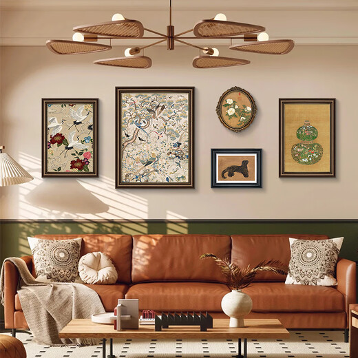 Good wood French mid-century style hanging painting living room American sofa background wall decoration painting niche art combination painting retro oil painting A-retro combination painting 40*6060*8035*3945*3540*60 retro brown + St. John's black + oval-texture painting
