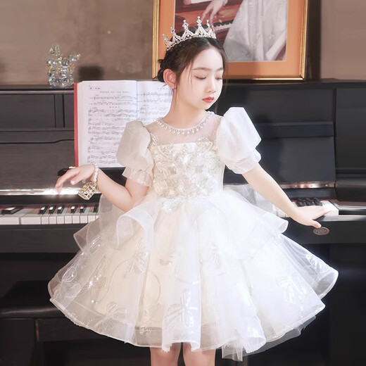 小咔衣浓女童礼服公主裙生日宴花童婚礼纱裙儿童主持人钢琴演奏演出服夏季 香槟色短袖3905短款 130