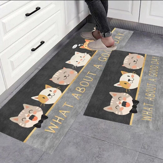 Mihou kitchen special floor mat for home use, water-absorbing, oil-absorbing and dirt-resistant floor mat, long non-slip and wear-resistant kitchen mat supports customization. Cute pet kitten-dark gray 50*80+50*160 style set