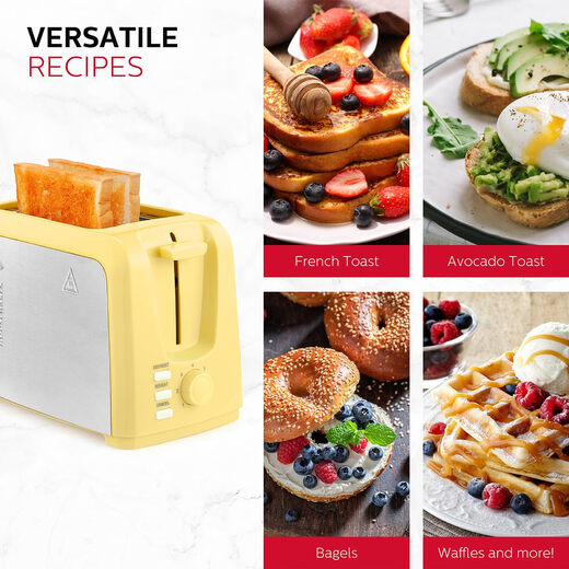 Holstein Housewares Yellow 2-Slice Toaster 7-stage toasting Extra-wide slots Removable crumb tray High lift Defrost function