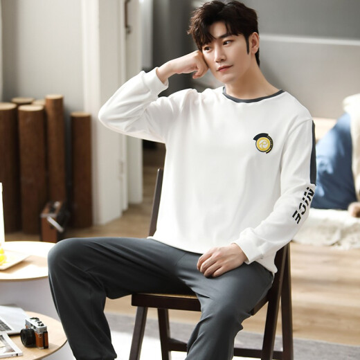 Lazy rhyme pajamas for men spring and autumn pure cotton long-sleeved round neck fashion Korean version simple cartoon men's home clothes set home clothes 2188 men's XL code-175