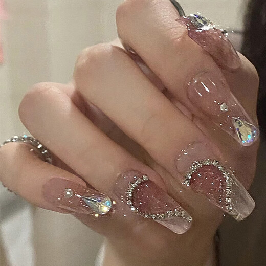 OULISI Hand-woven Armor Wholesale Medium-length Love Arrow Diamond Nail Plate Nail Patch Fake Nail Jelly Gum BY1048# Blush Arrow Diamond Phototherapy Wearing Tool Kit