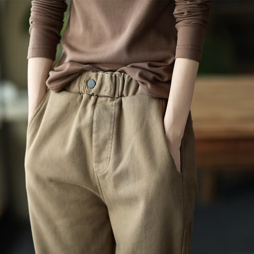 Lino de algodón Zimu Otoño e Invierno, cintura elástica versátil Long Velvet pantalones casuales engrosados ​​1392 Khaki 3xl (recomendado 140-150 Jin [Jin iguala 0.5 kg])