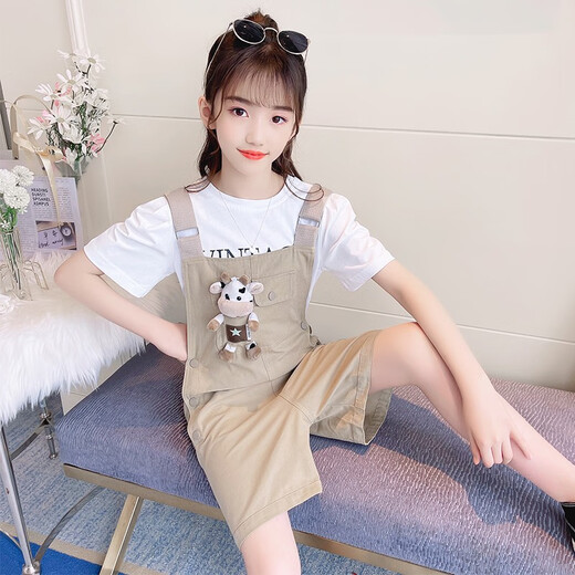 小咕嘟熊童装女童套装夏装中大儿童装休闲短袖两件套小女孩衣服背带裤服装 粉色 140