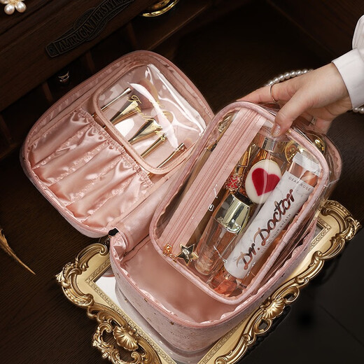 ToMill Cosmetic Bag Women's Large Capacity Skin Care Product Storage Bag Business Travel Toiletries Bag Velvet Portable Cosmetics Storage Bag Velvet Weaver-Pink + TPU Transparent Bag
